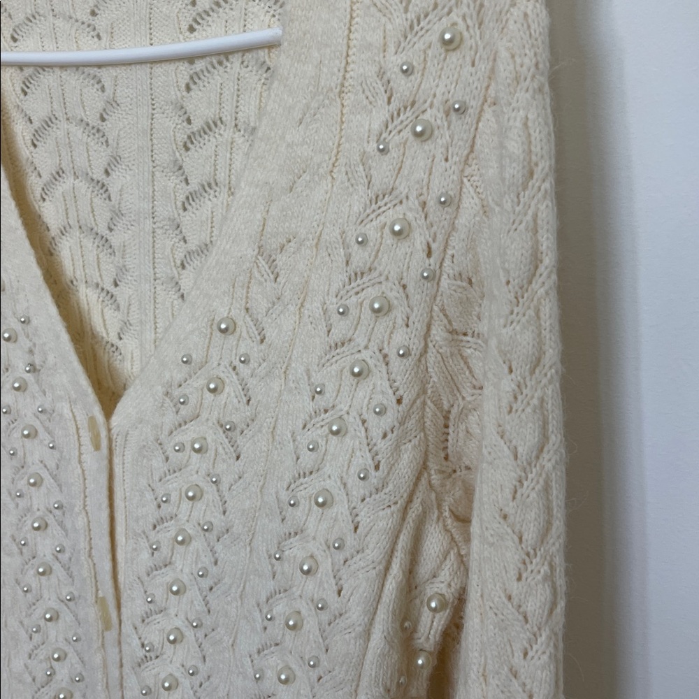 Mango Pearl-Embellished Cream Cable Knit Sweater